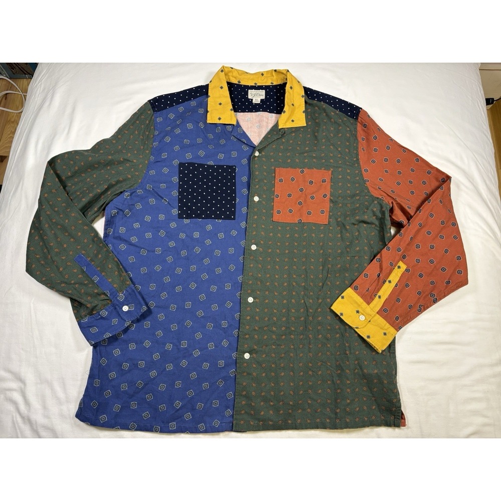 J Crew Men XL Cotton Wool Challis Camp Collar Shirt Mix Match Patchwork BK077